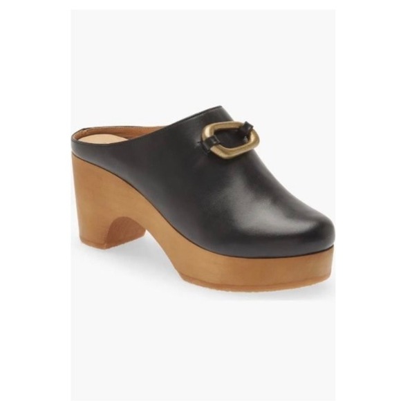 Shoes - Frame Le Ione Clog Noir Black Leather Wooden Platform Mules Brass Buckle 37 US 7